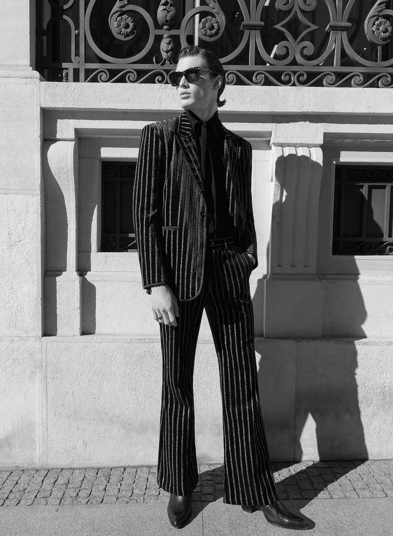 Black Silver Stripe Velvet Flare Trousers