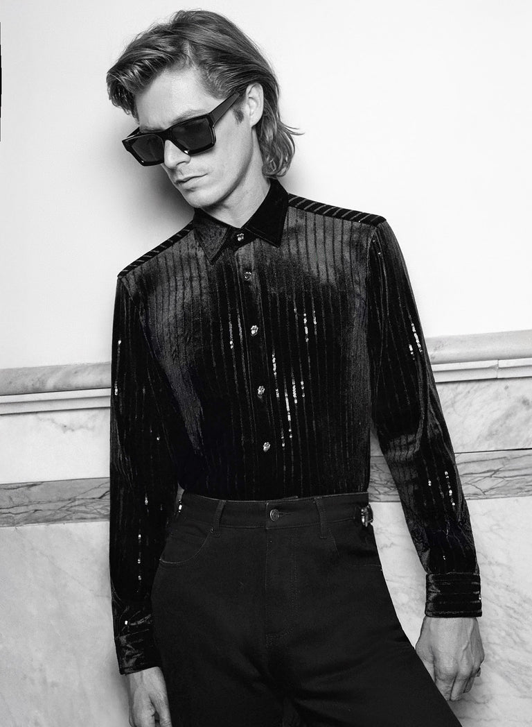 Phix X Rolling Stones Metal Tongue Button Sequin Pinstripe Velvet Shirt