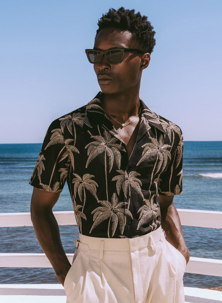 Black Viscose Gold Palm Tree Embroidery Cuban Shirt