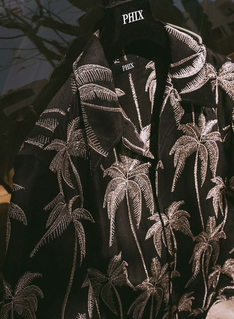Black Viscose Gold Palm Tree Embroidery Cuban Shirt