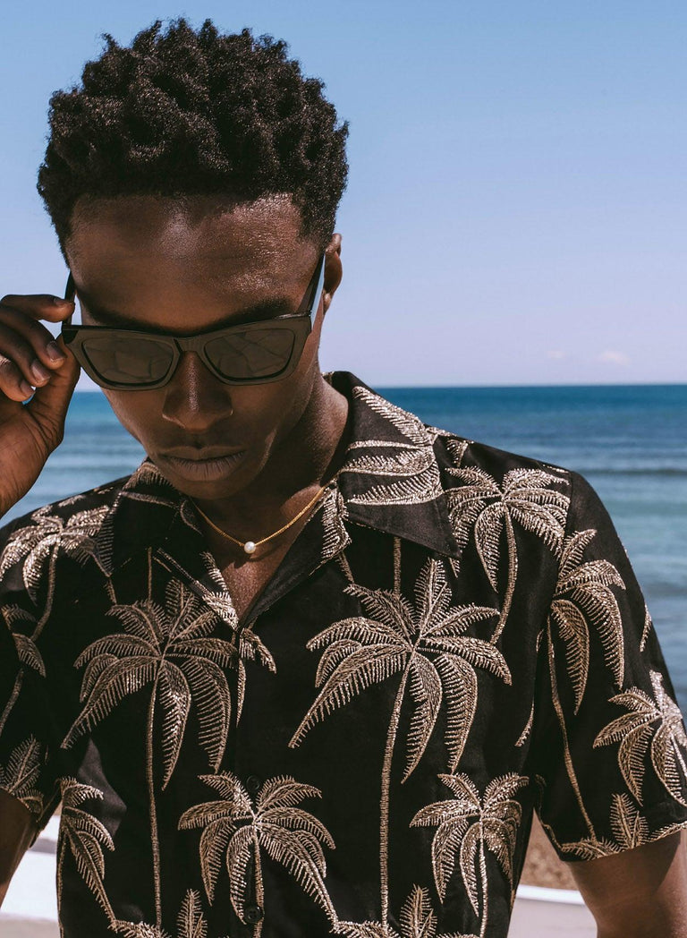 Black Viscose Gold Palm Tree Embroidery Cuban Shirt
