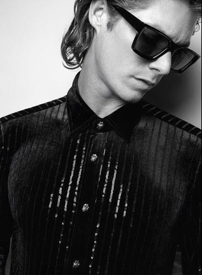 Phix X Rolling Stones Metal Tongue Button Sequin Pinstripe Velvet Shirt