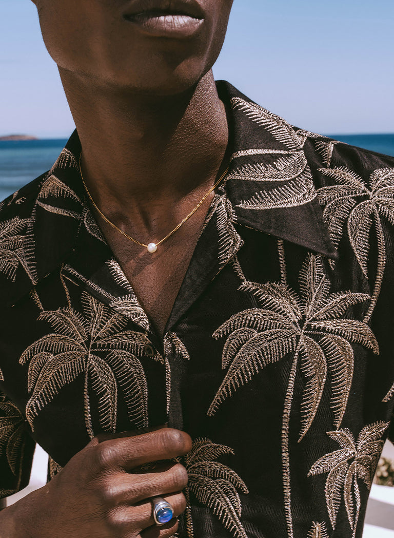 Black Viscose Gold Palm Tree Embroidery Cuban Shirt