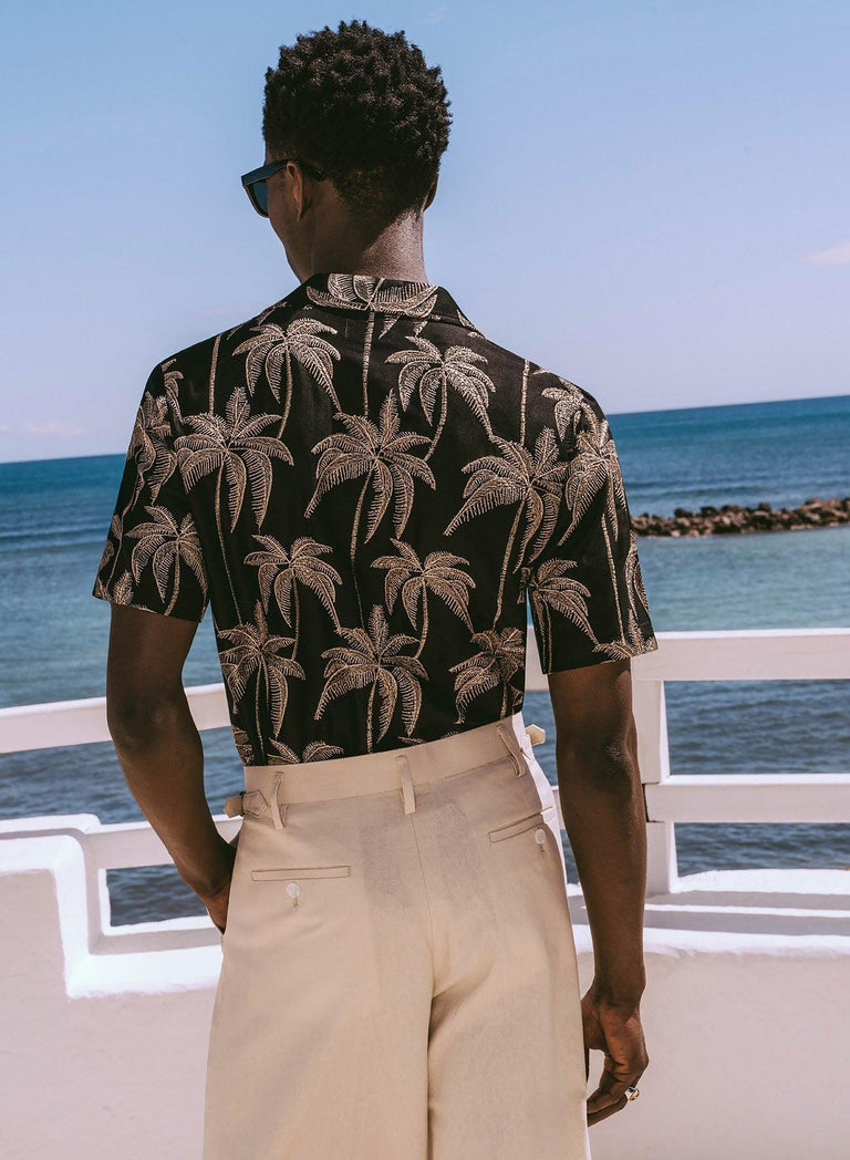 Black Viscose Gold Palm Tree Embroidery Cuban Shirt