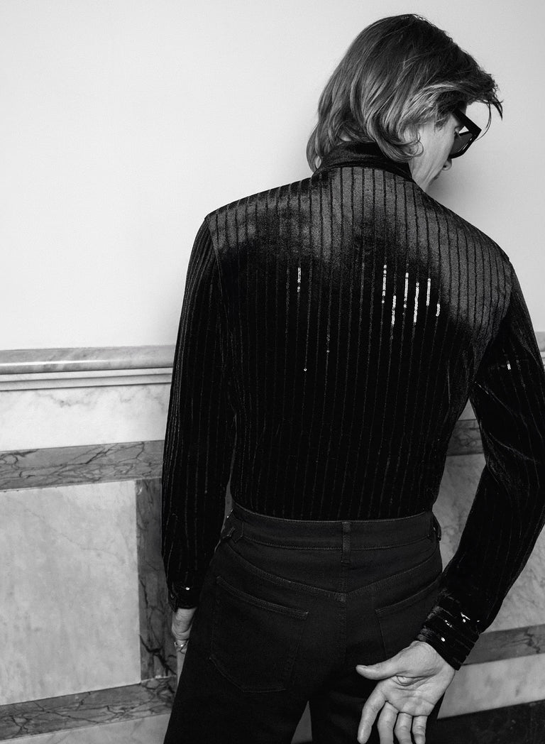 Phix X Rolling Stones Metal Tongue Button Sequin Pinstripe Velvet Shirt