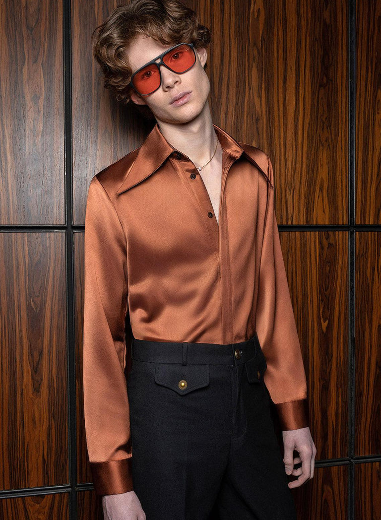 Copper Orange Satin Statement Dagger Collar Shirt