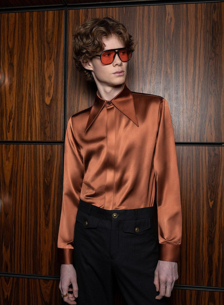 Copper Orange Satin Statement Dagger Collar Shirt