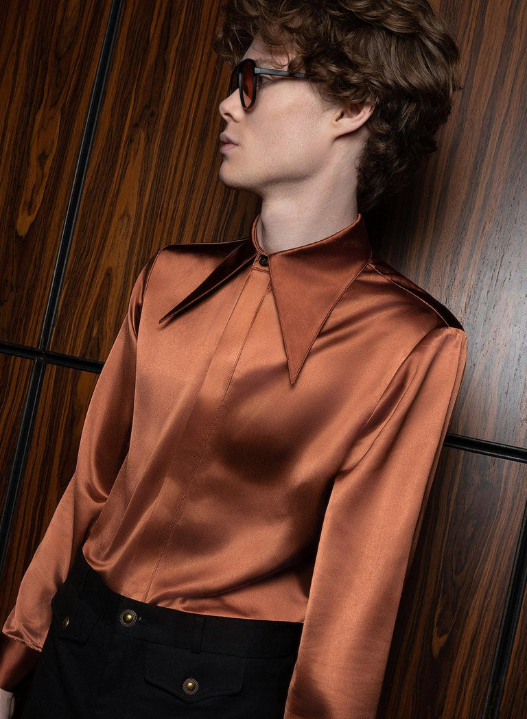 Copper Orange Satin Statement Dagger Collar Shirt