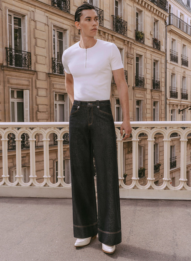 Raw Denim Pin Belt Flare Denim Jeans