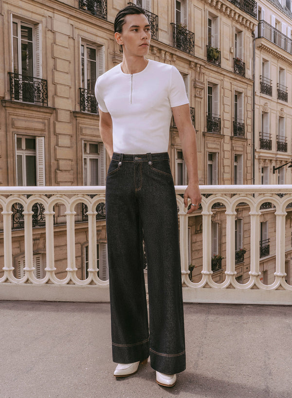 Raw Denim Pin Belt Flare Denim Jeans