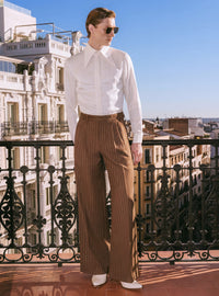 Brown Metallic Pinstripe High Waisted Side Buckle Trousers