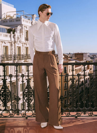 Brown Metallic Pinstripe High Waisted Side Buckle Trousers