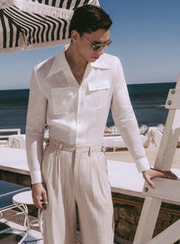 Ivory Linen Pin Stripe High Waisted Side Buckle Trousers