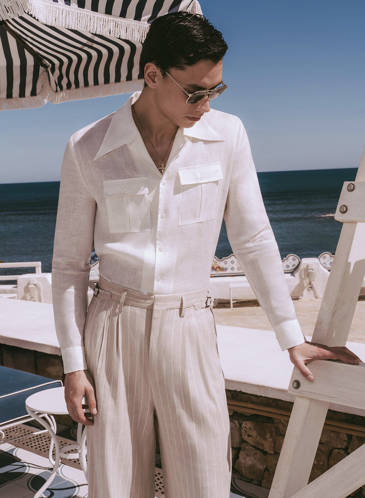 Phix Men's Ivory Linen Pin Stripe High Waisted Side Buckle Pants - Beige In Size 34W L32 Phix Men's Ivory Linen Pin Stripe High Waisted Side Buckle Pants - Beige In Size 34W L32