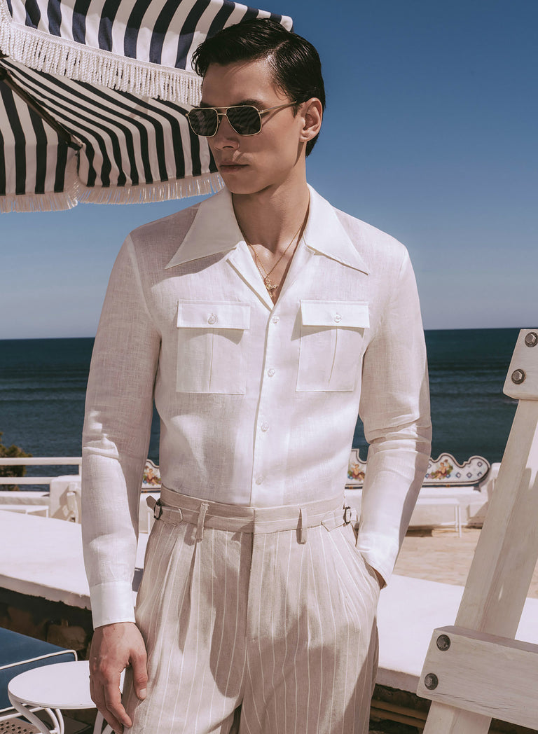 Ivory Linen Pin Stripe High Waisted Side Buckle Trousers