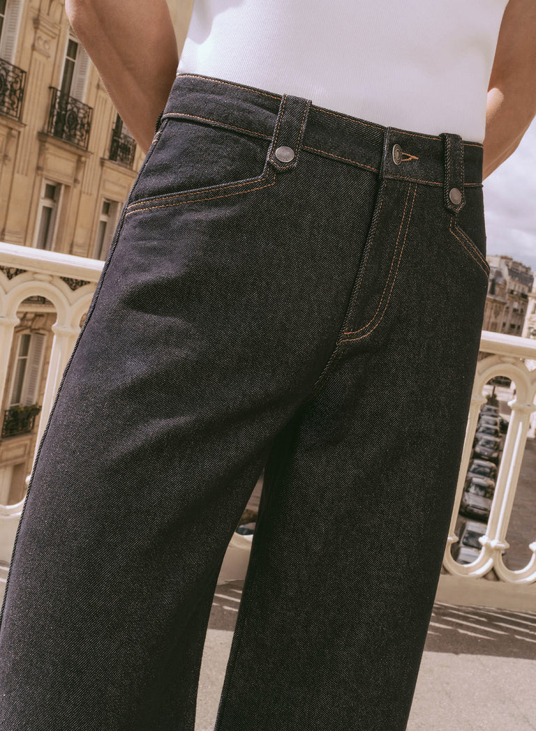 Raw Denim Pin Belt Flare Denim Jeans