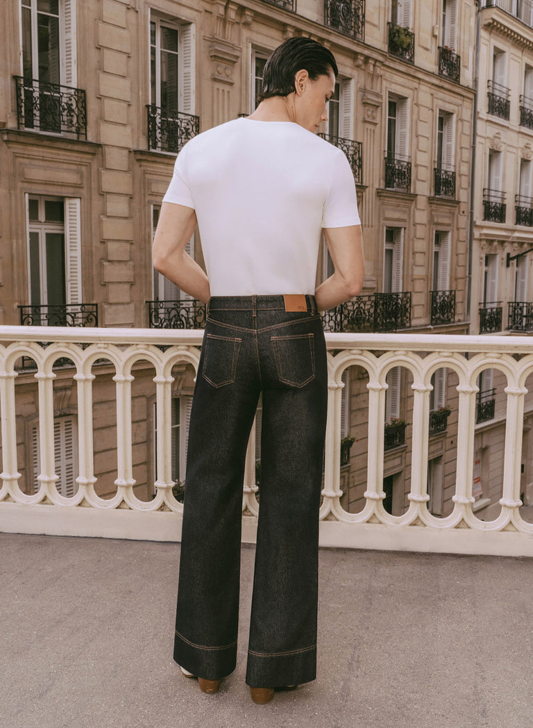 Raw Denim Pin Belt Flare Denim Jeans