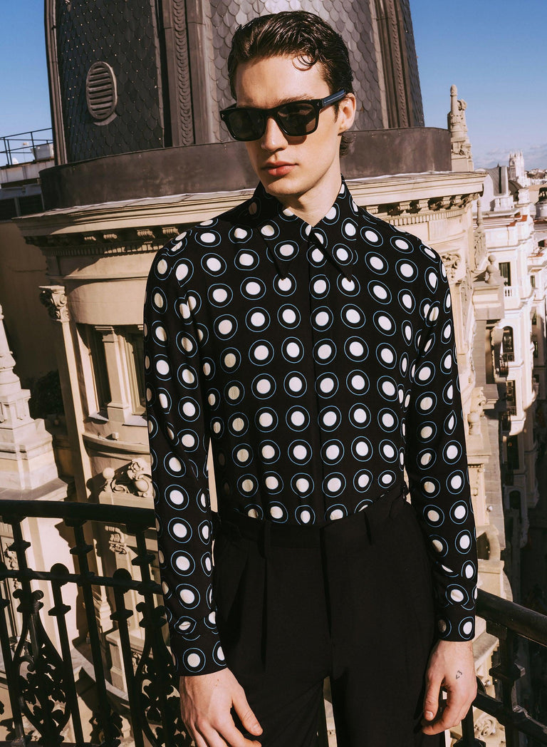 Black Geometric Circle Viscose Shirt