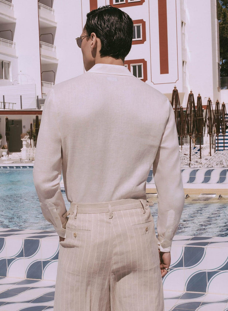 Off-White Linen Long Sleeve Cuban Collar Shirt