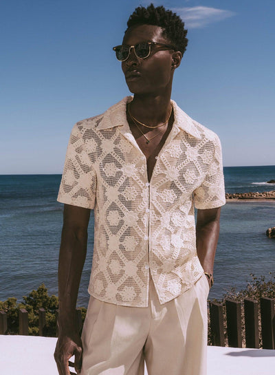 Off-White Crochet Floral Geometric Short Sleeve Shirt