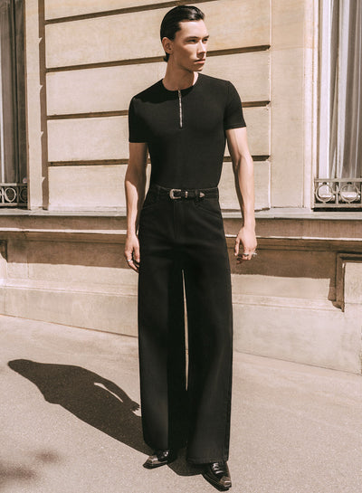 Black Denim Western Belt Wide Leg Flare Jeans