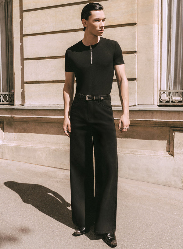 Black Denim Western Belt Wide Leg Flare Jeans