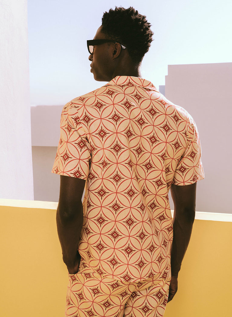 Off White Linen Geometric Side Buckle Shorts