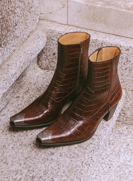 Brown Western Croc Effect Metal Toe 60mm Boot ‐ Phix