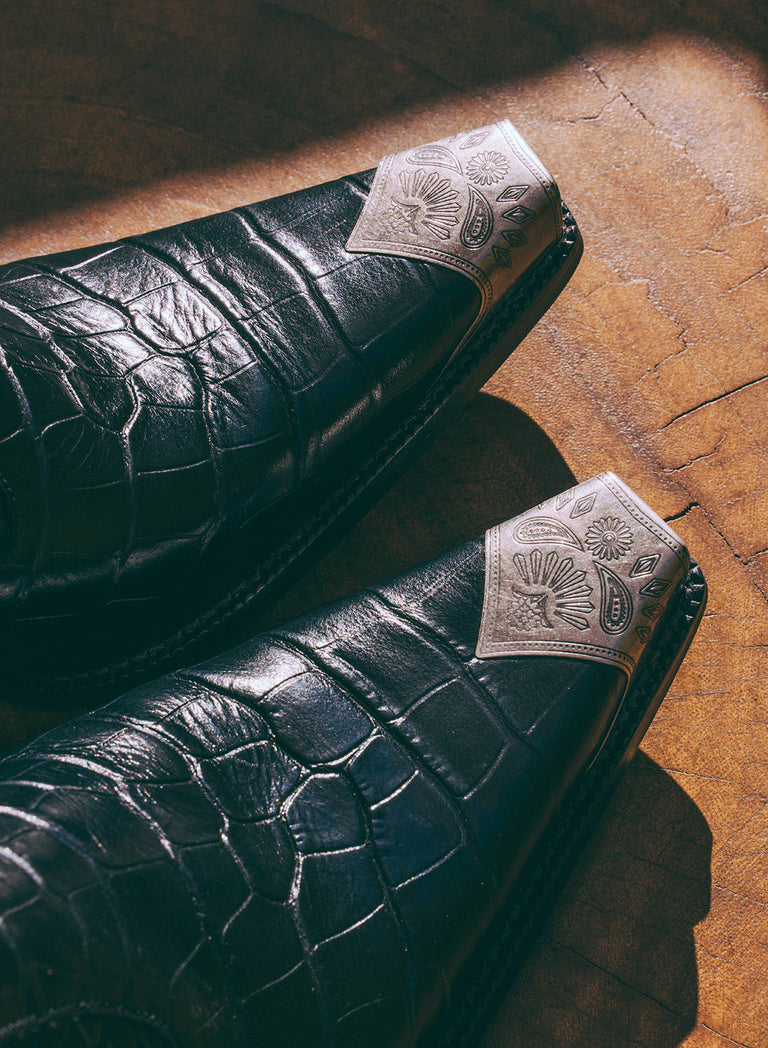 Black Western Croc Effect Metal Toe 60mm Boot