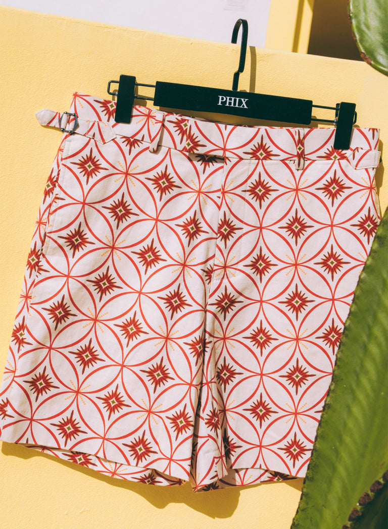 Off White Linen Geometric Side Buckle Shorts