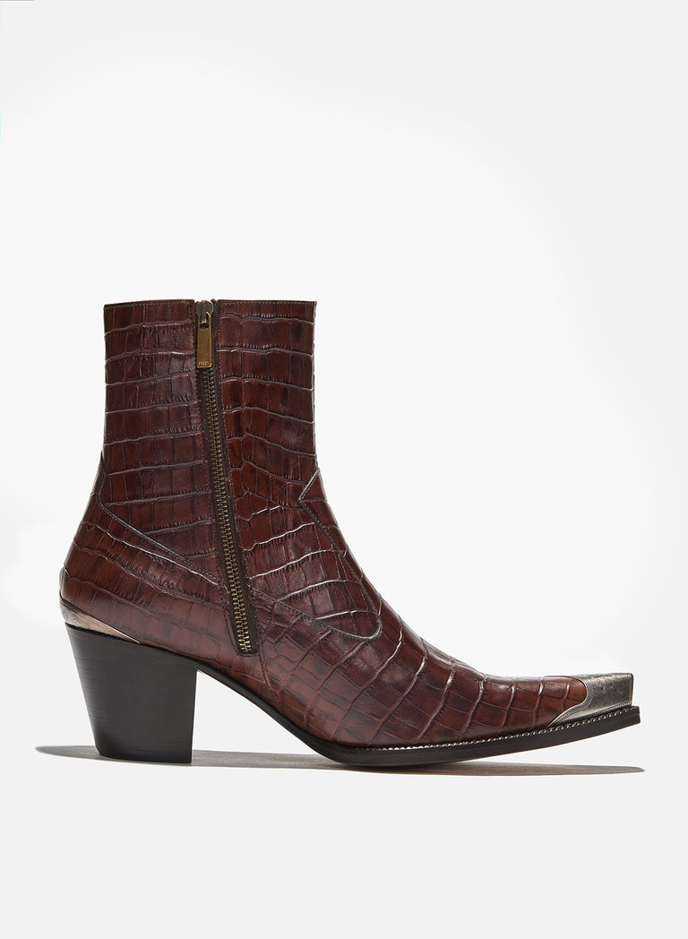 Brown Western Croc Effect Metal Toe 60mm Boot