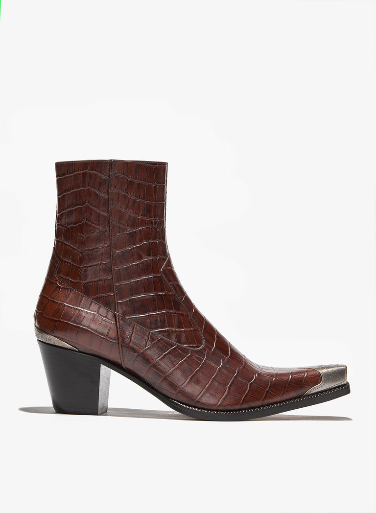 Brown Western Croc Effect Metal Toe 60mm Boot