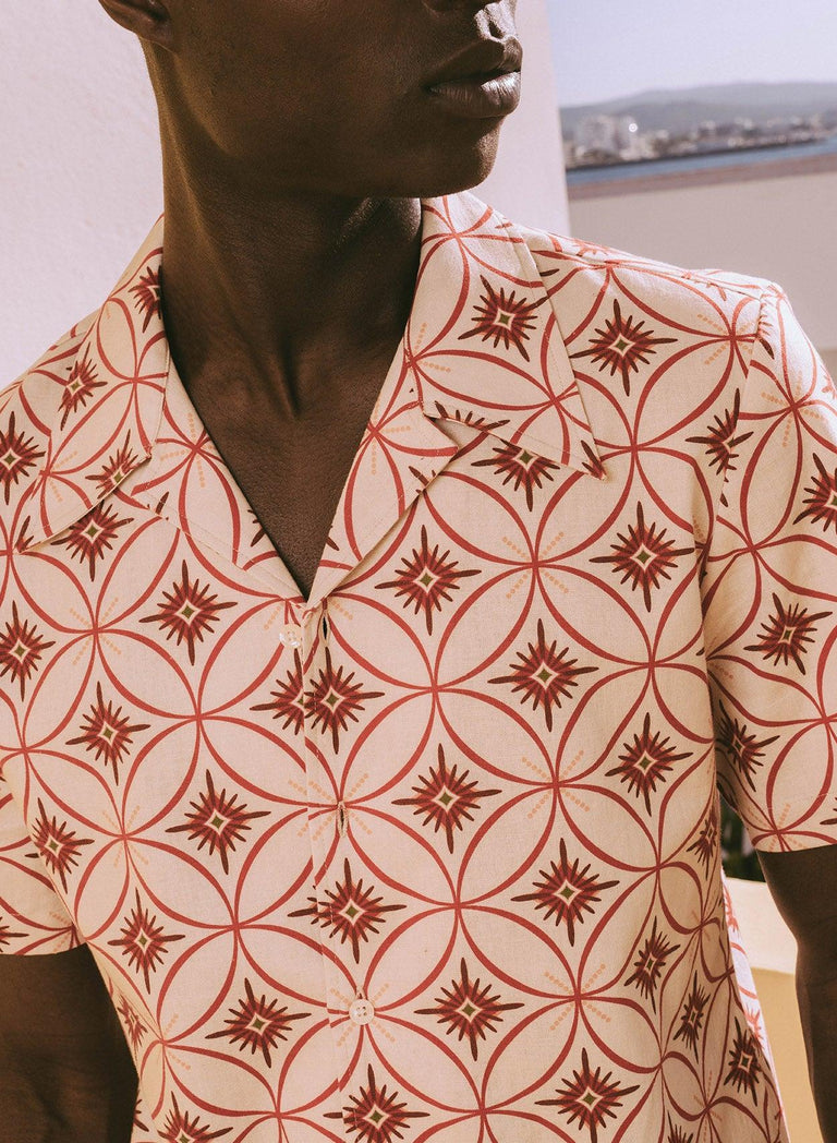 Off White Linen Geometric Cuban Shirt