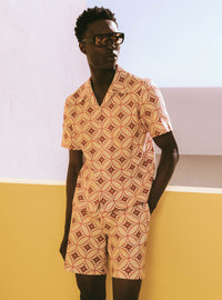 Off White Linen Geometric Side Buckle Shorts