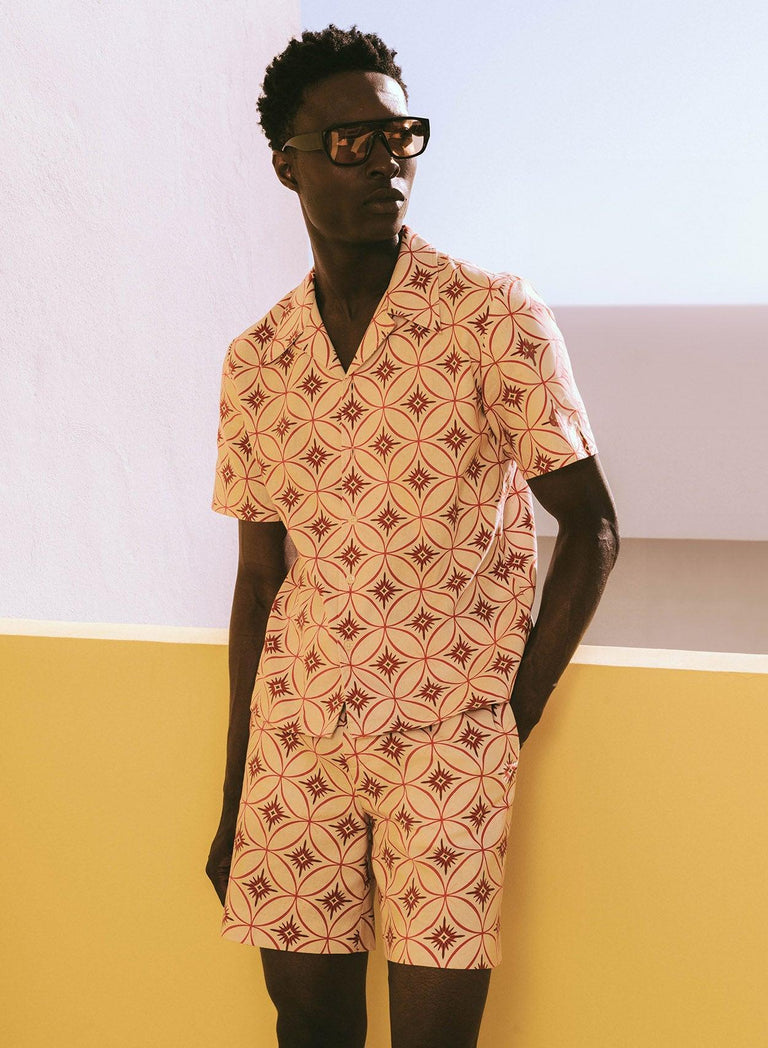 Off White Linen Geometric Cuban Shirt
