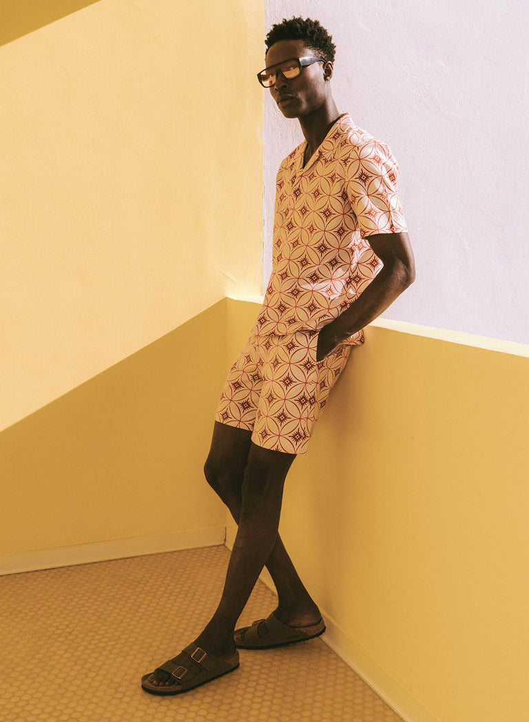 Off White Linen Geometric Side Buckle Shorts