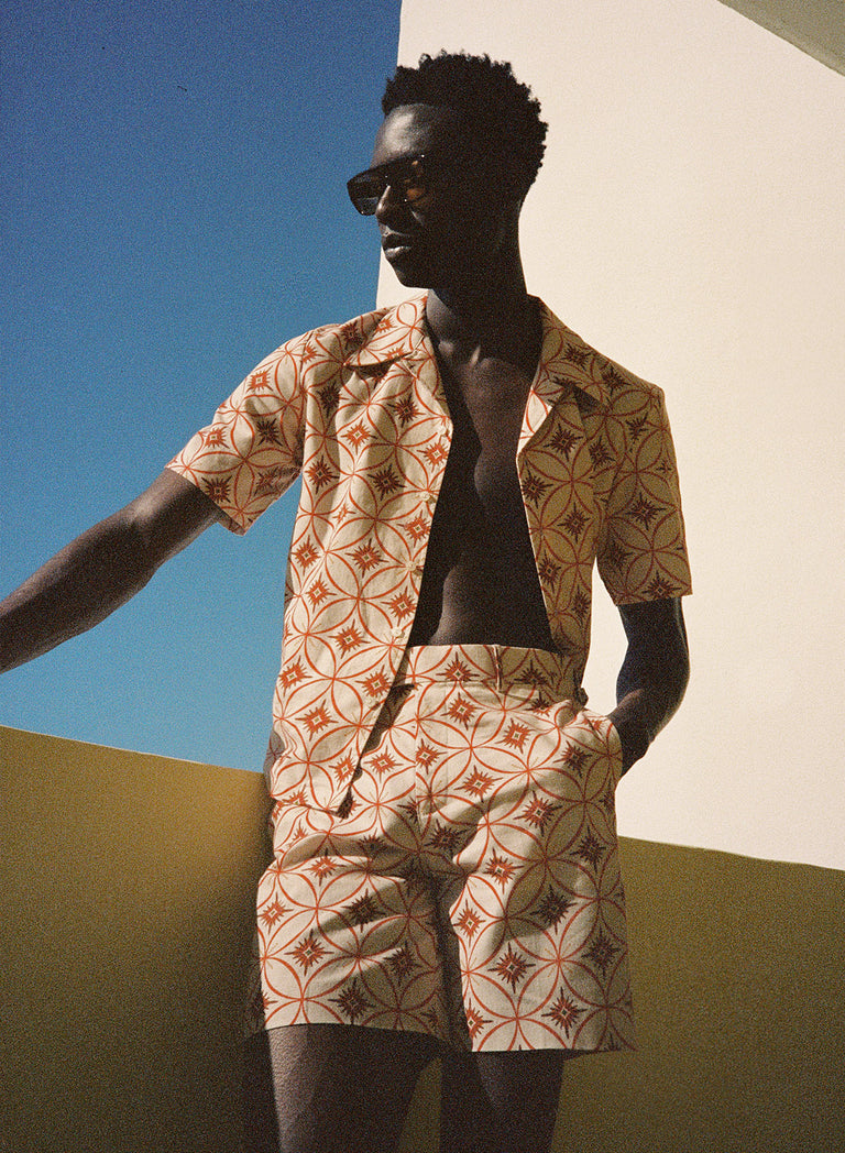 Off White Linen Geometric Side Buckle Shorts