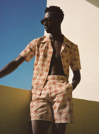 Off White Linen Geometric Cuban Shirt