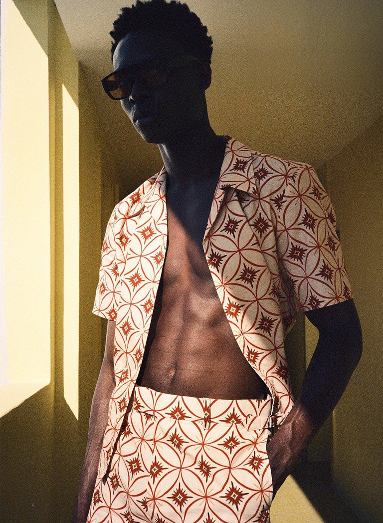 Off White Linen Geometric Cuban Shirt