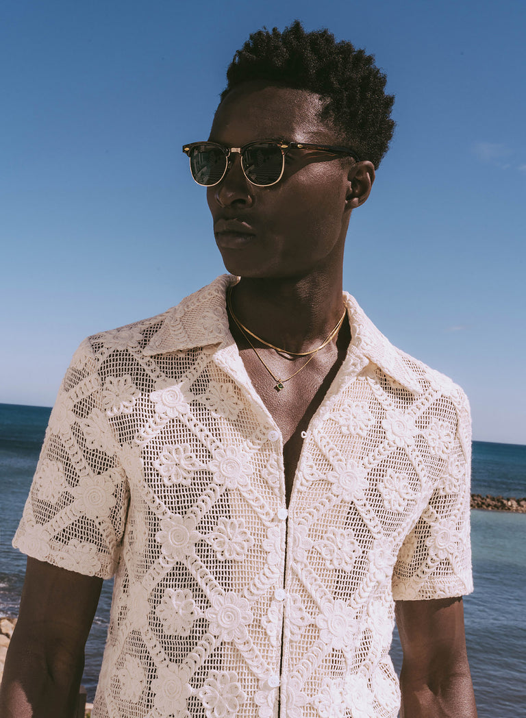Off-White Crochet Floral Geometric Short Sleeve Shirt