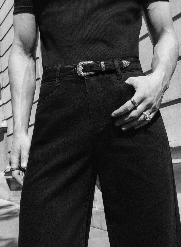 Black Denim Western Belt Wide Leg Flare Jeans