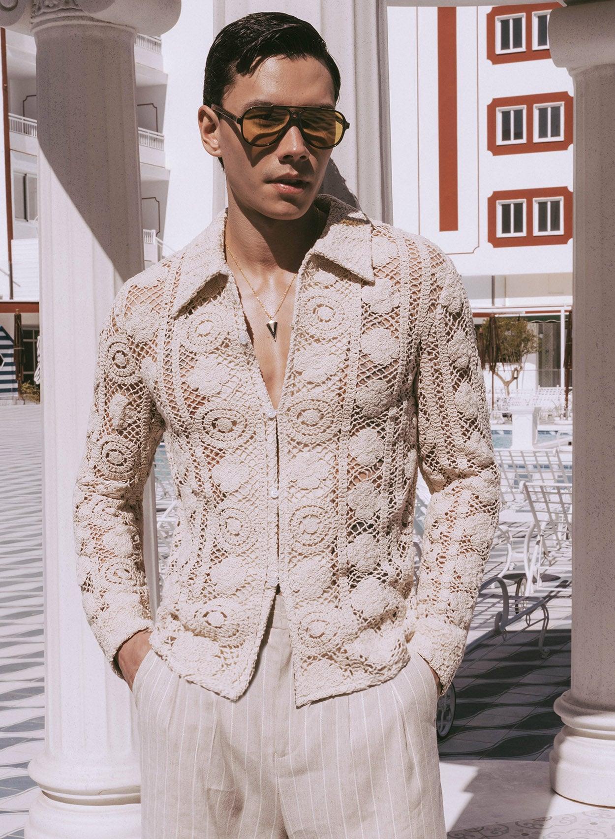 Phix Men's Off-White Long Sleeve Circular Crochet Shirt - Beige in Size Small Phix Men's Off-White Long Sleeve Circular Crochet Shirt - Beige in Size Small