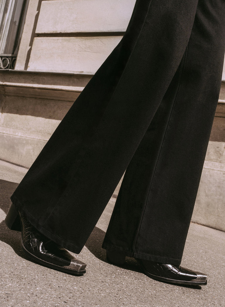 Black Denim Western Belt Wide Leg Flare Jeans
