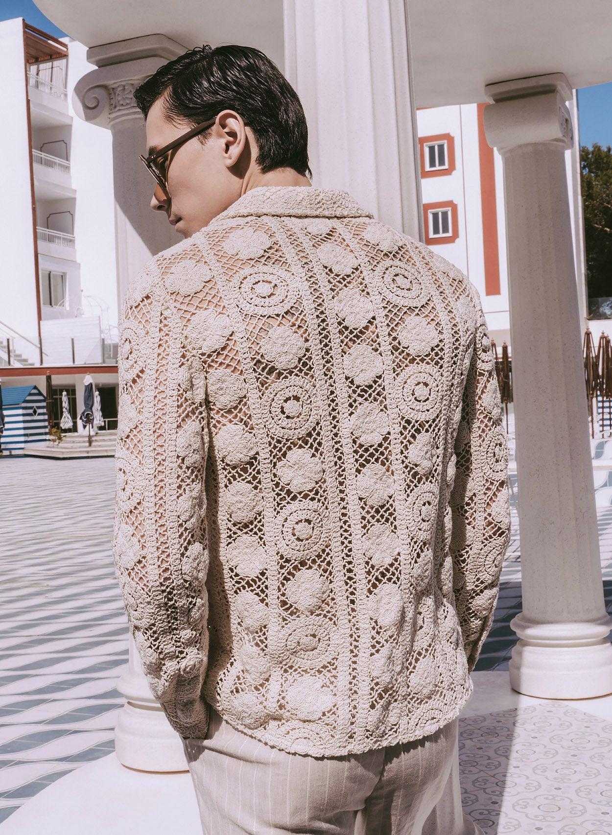 Phix Men's Off-White Long Sleeve Circular Crochet Shirt - Beige in Size Small Phix Men's Off-White Long Sleeve Circular Crochet Shirt - Beige in Size Small