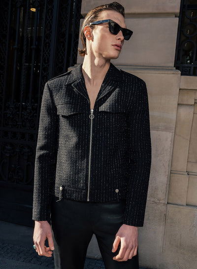Black Silver Pinstripe Double Pocket Zip Wool Jacket
