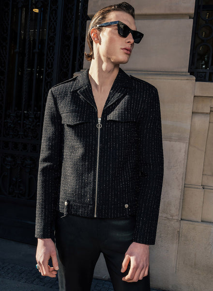 Black Silver Pinstripe Double Pocket Zip Wool Jacket ‐ Phix