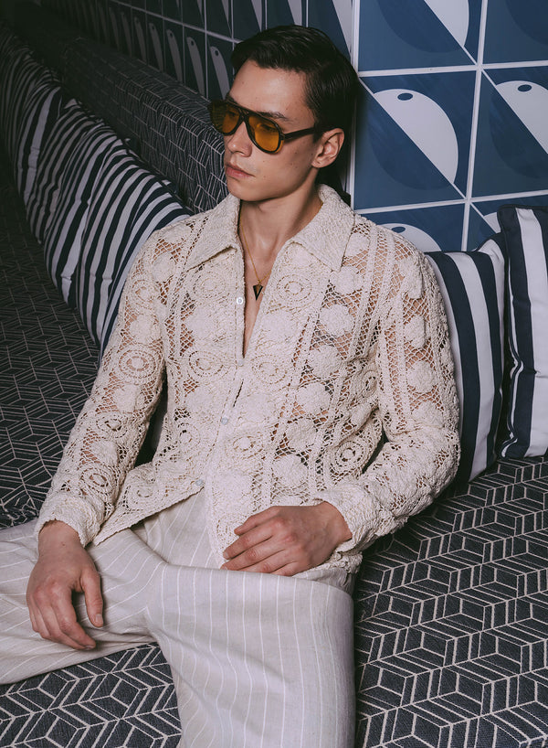 Off-White Long Sleeve Circular Crochet Shirt