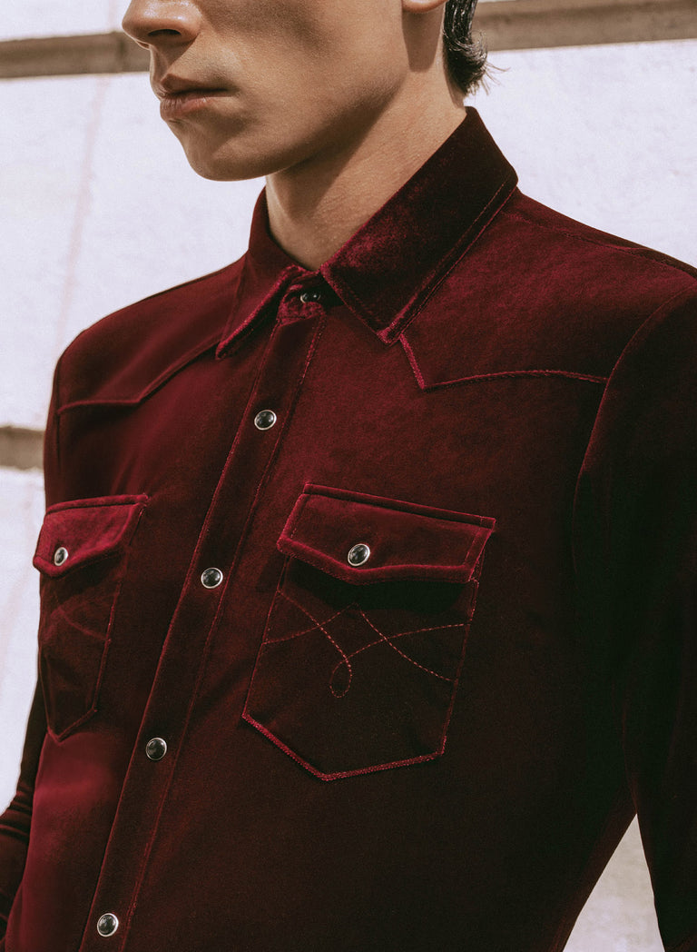 Burgundy Velvet 70's Western Shirt