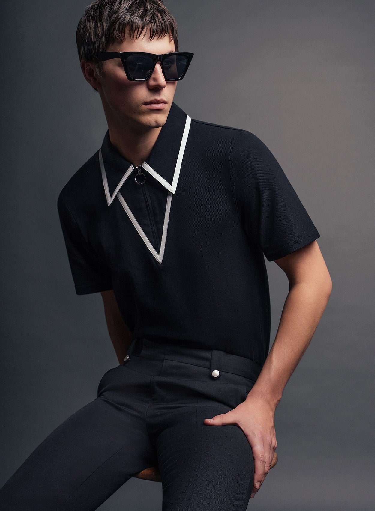 Black Carnaby Circle Zip Cotton Polo Shirt ‐ Phix