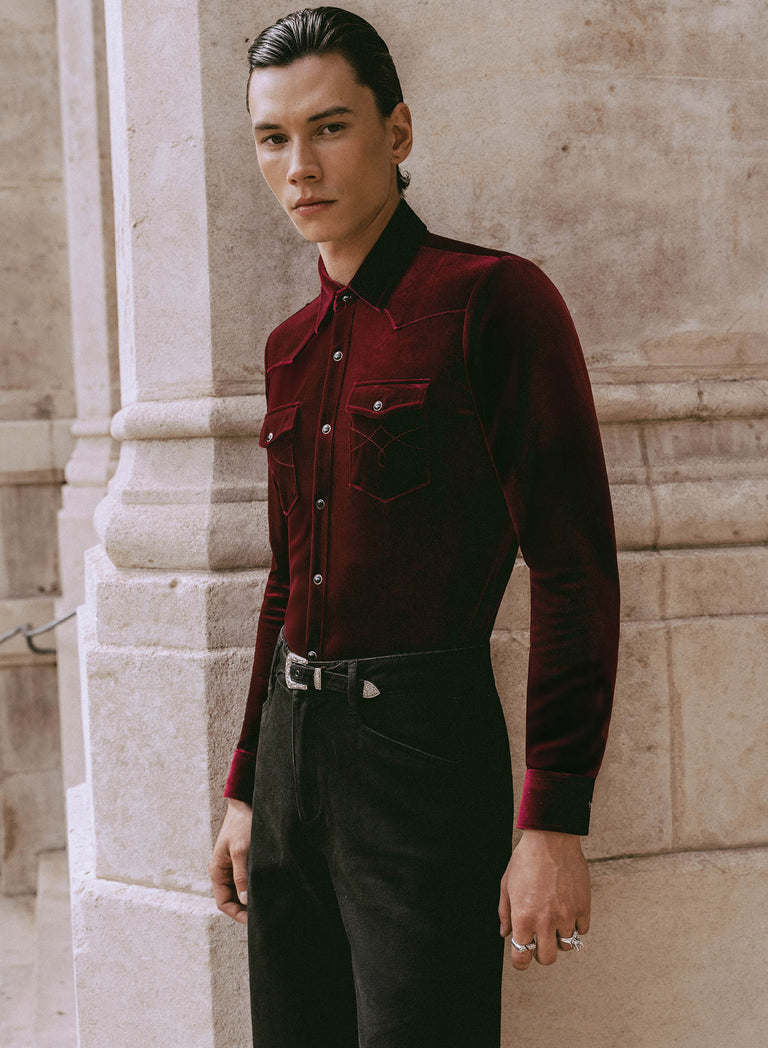Burgundy Velvet 70's Western Shirt